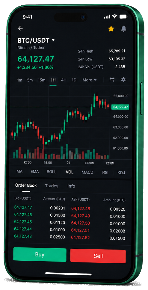Interface mobile de trading Nantivance — cotations BTC/USDT en temps réel, carnet d’ordres et outils de suivi des opérations